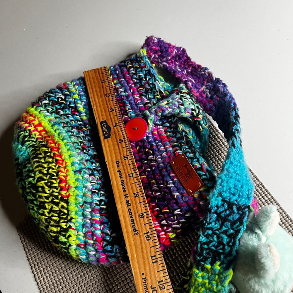 Handmade Crochet Crossbody Bag Multi Color Rainbow Boho Bucket Bag with Charm - Picture 2 of 7